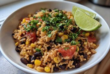A close-up of Southwest Beans and Rice One Pot dish topped with cilantro and served with lime wedges.