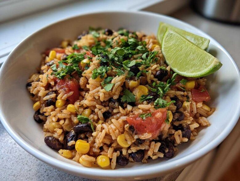 A close-up of Southwest Beans and Rice One Pot dish topped with cilantro and served with lime wedges.