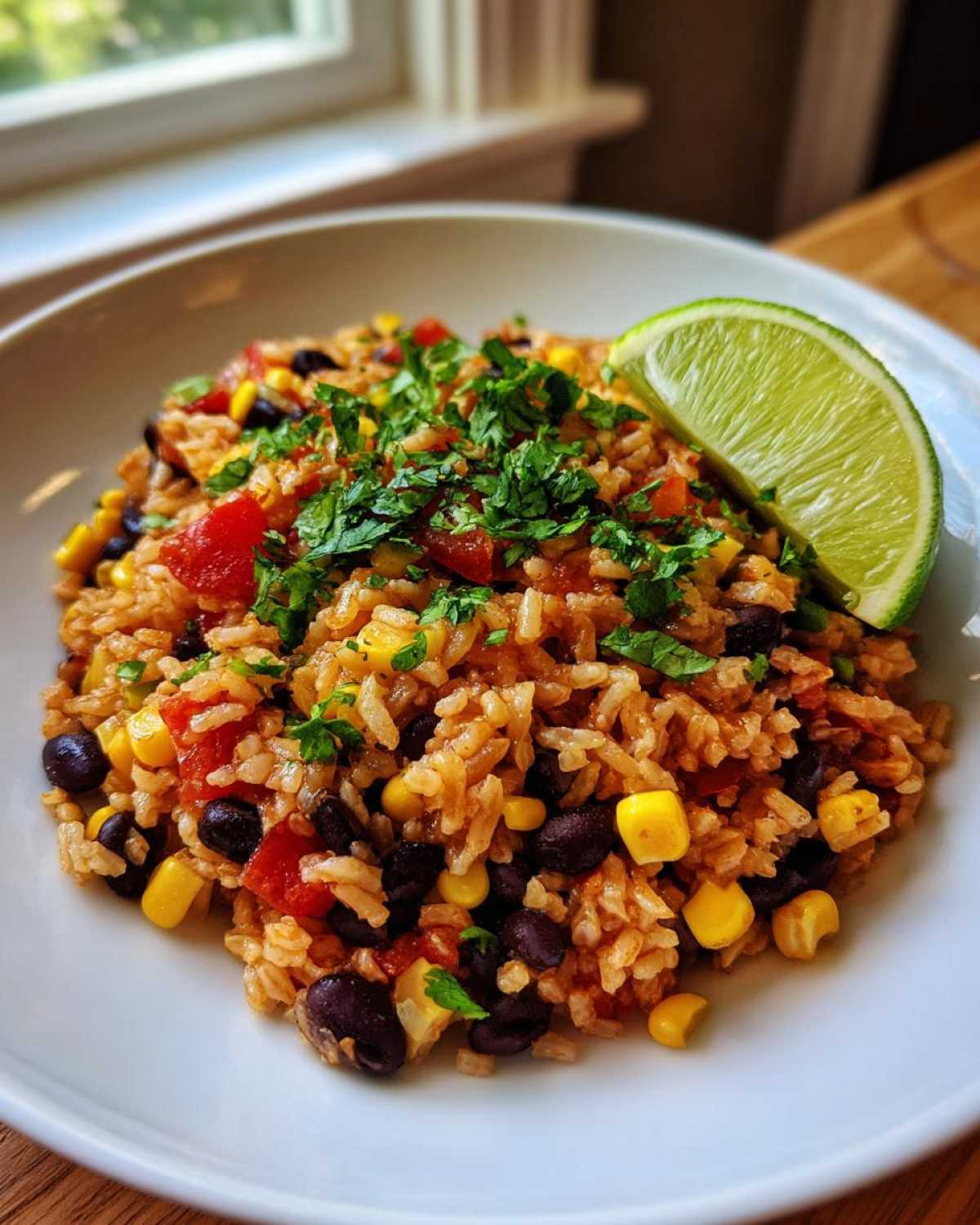 A close-up of Southwest Beans and Rice One Pot dish, featuring black beans, corn, tomatoes, and cilantro, garnished with a lime wedge.