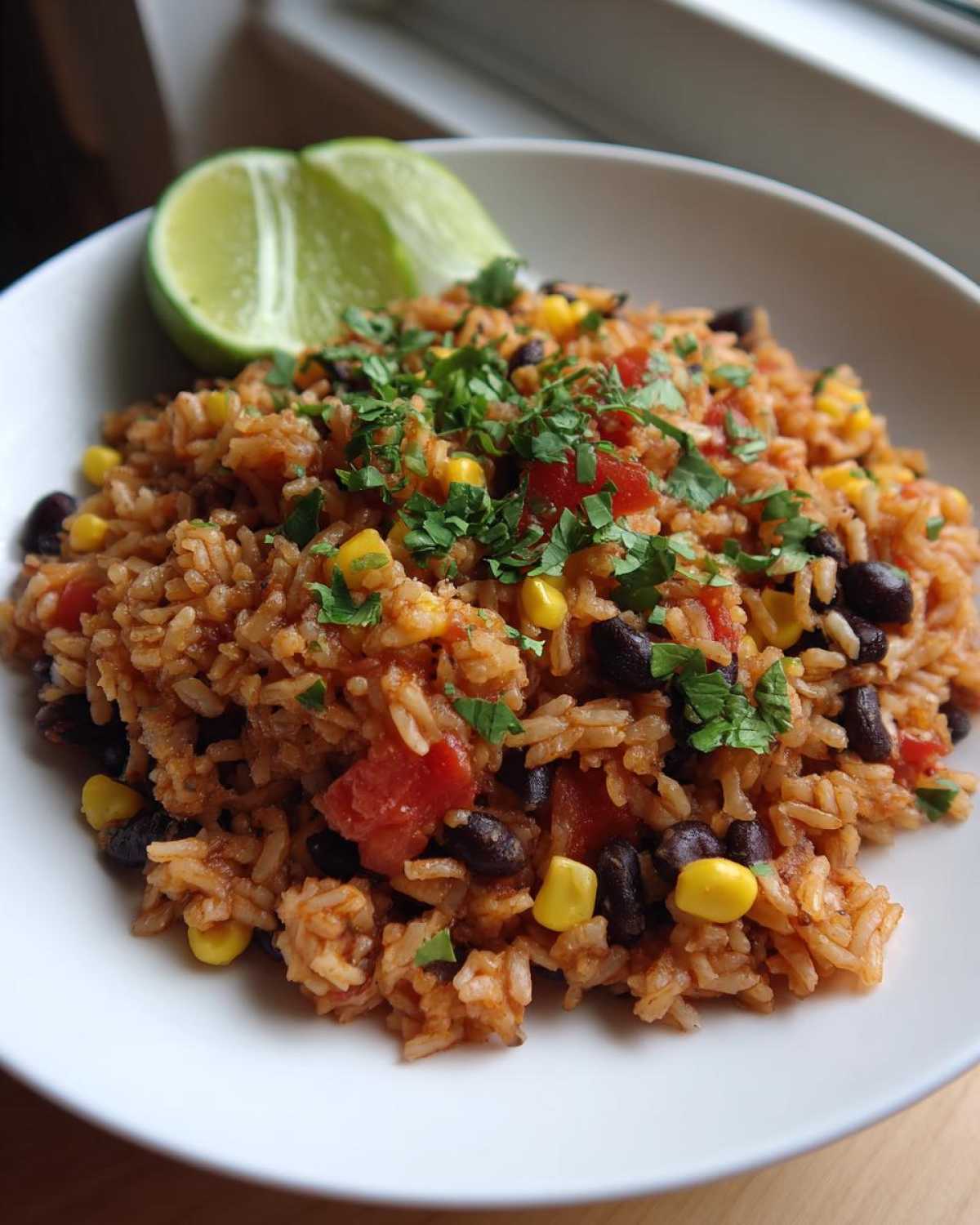 A close-up of Southwest Beans and Rice One Pot served in a white bowl with a lime wedge garnish.