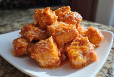Close-up of a pile of Spicy Oven Baked Bang Bang Salmon Bites coated in creamy orange sauce and sprinkled with sesame seeds.