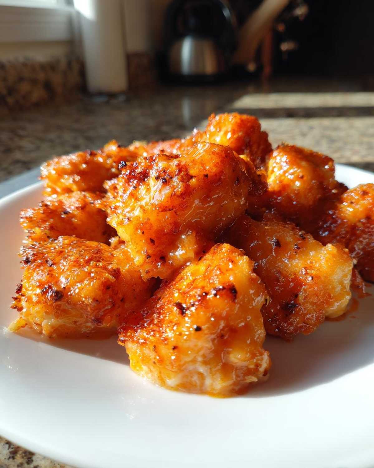 Close-up of glistening, orange-glazed Spicy Oven Baked Bang Bang Salmon Bites piled on a white plate.