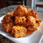 A close-up of crispy Spicy Oven Baked Bang Bang Salmon Bites piled high and drizzled with creamy orange sauce on a white plate.