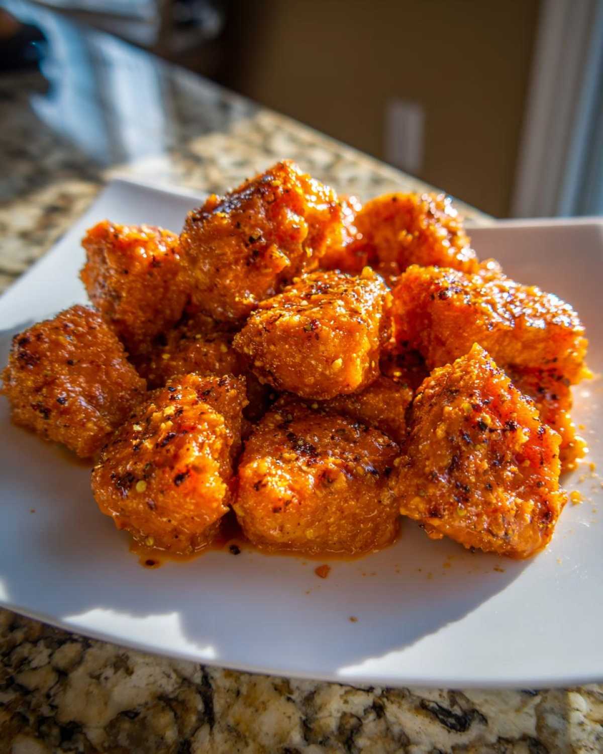 A pile of glistening, orange-glazed Spicy Oven Baked Bang Bang Salmon Bites dusted with spices on a white plate.