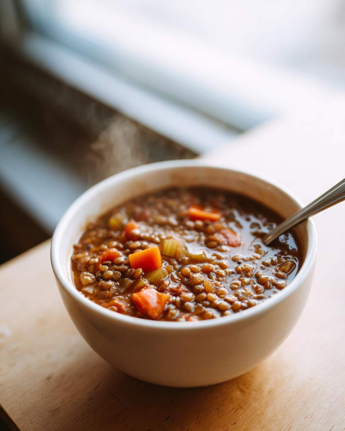 A close-up of a steaming white bowl filled with hearty One Pot Lentil Soup Cozy Dinner, featuring visible carrots and celery.