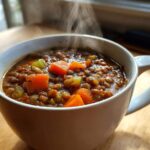 Close-up of steaming hot One Pot Lentil Soup Cozy Dinner served in a white mug with visible carrots and celery.