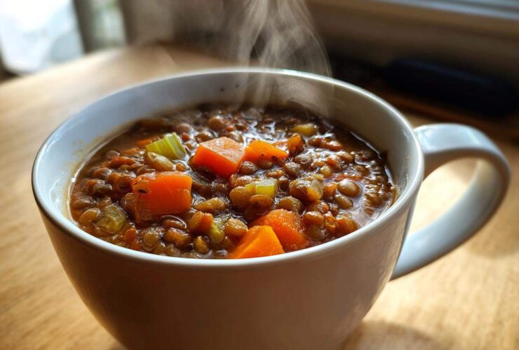 Close-up of steaming hot One Pot Lentil Soup Cozy Dinner served in a white mug with visible carrots and celery.
