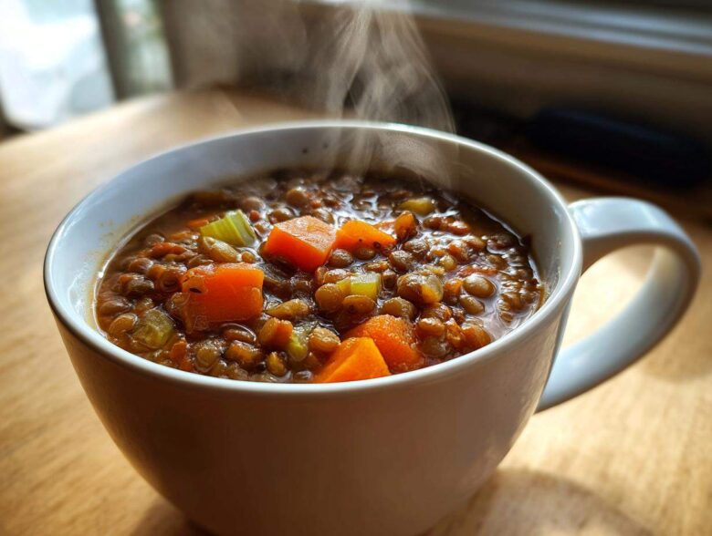 Close-up of steaming hot One Pot Lentil Soup Cozy Dinner served in a white mug with visible carrots and celery.
