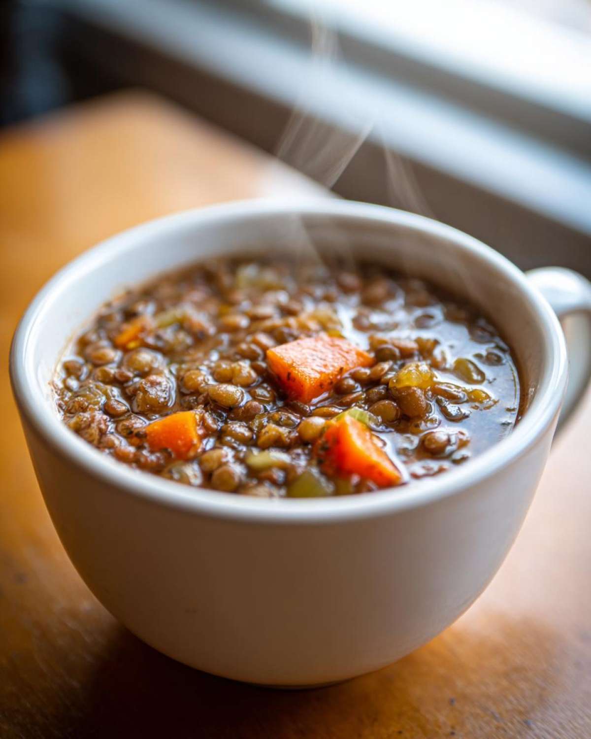 Close-up of a steaming white mug filled with hearty One Pot Lentil Soup Cozy Dinner, featuring lentils and chunks of carrot.
