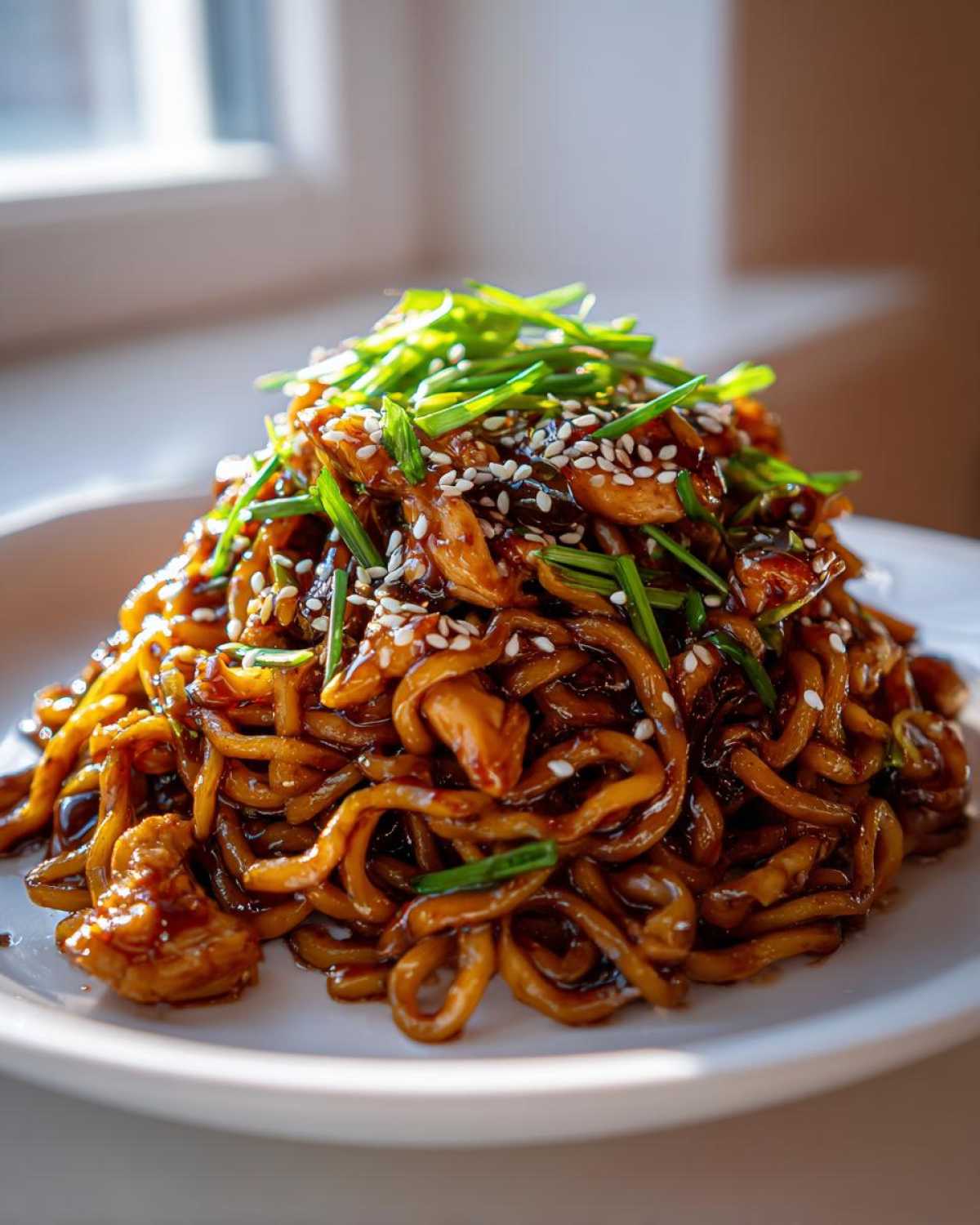 A mound of Sticky Garlic Chicken Noodles coated in a dark, glossy sauce, topped with fresh green onions and white sesame seeds.