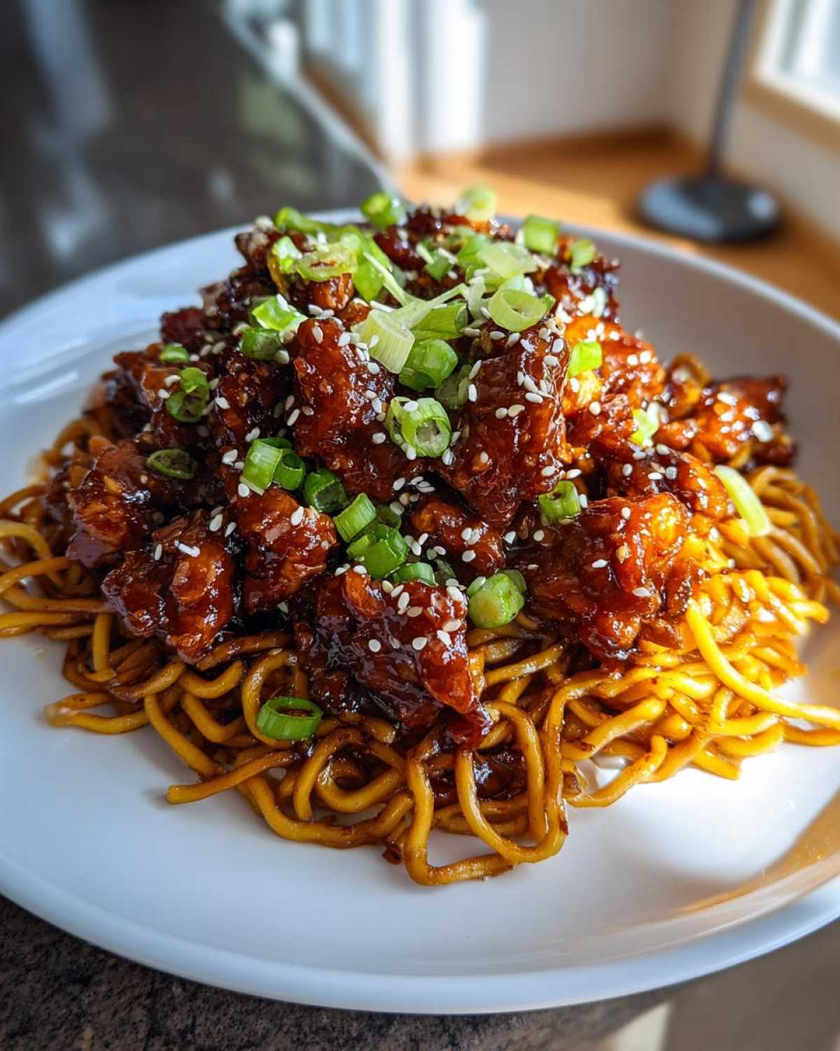 A close-up of Sticky Garlic Chicken Noodles topped with sesame seeds and fresh green onions.