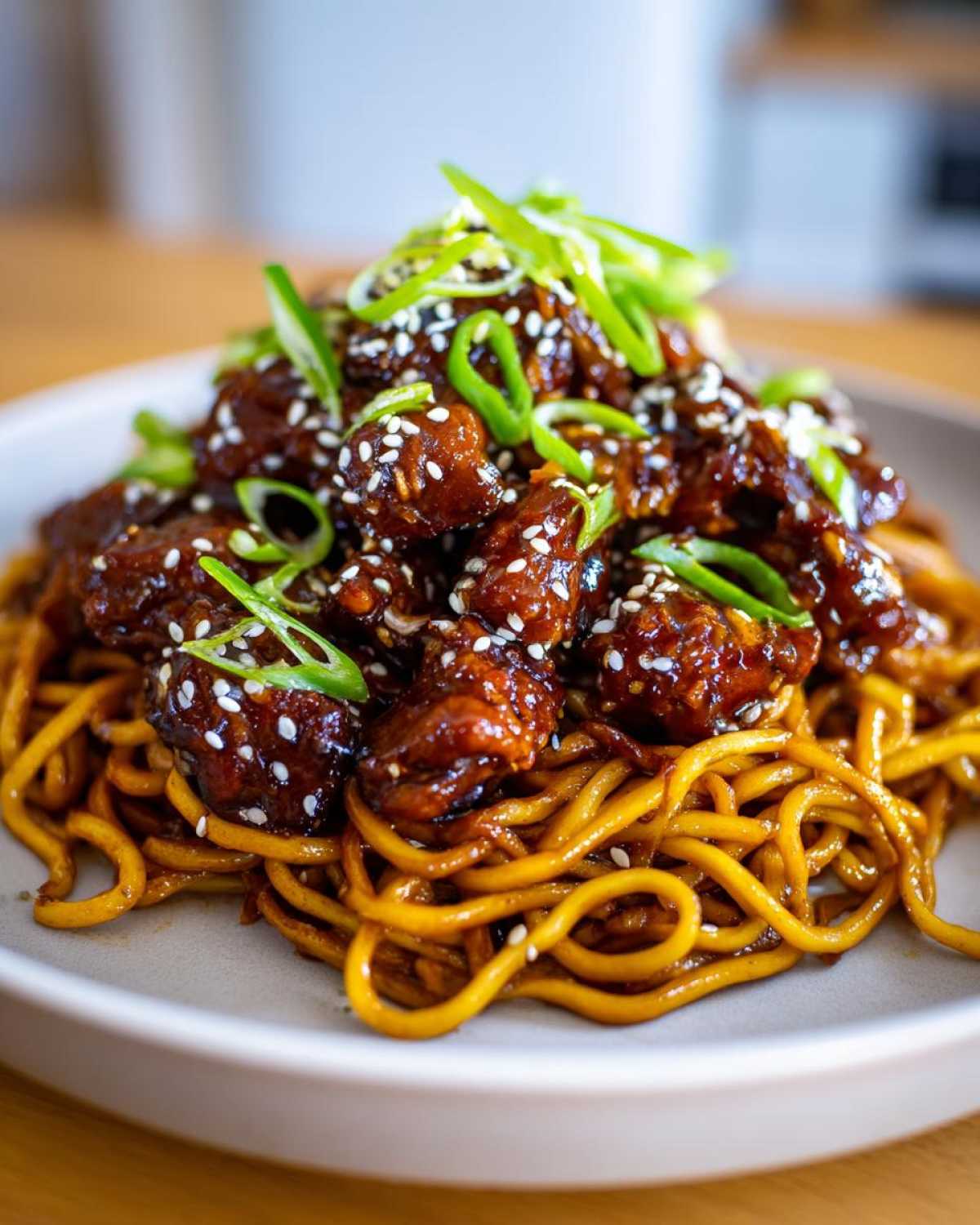 Close-up of Sticky Garlic Chicken Noodles topped with sesame seeds and sliced green onions.
