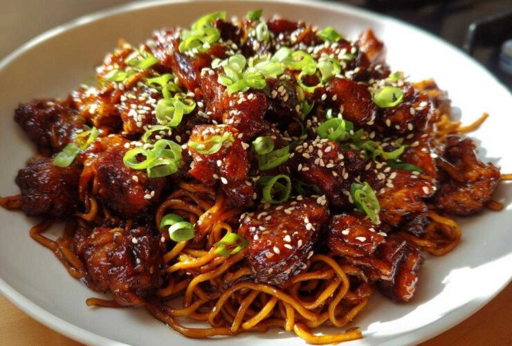 Close-up of Sticky Garlic Chicken Noodles coated in a dark glaze, topped with sesame seeds and green onions.