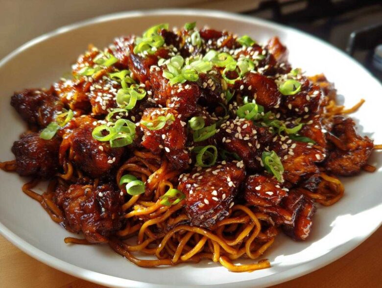 Close-up of Sticky Garlic Chicken Noodles coated in a dark glaze, topped with sesame seeds and green onions.