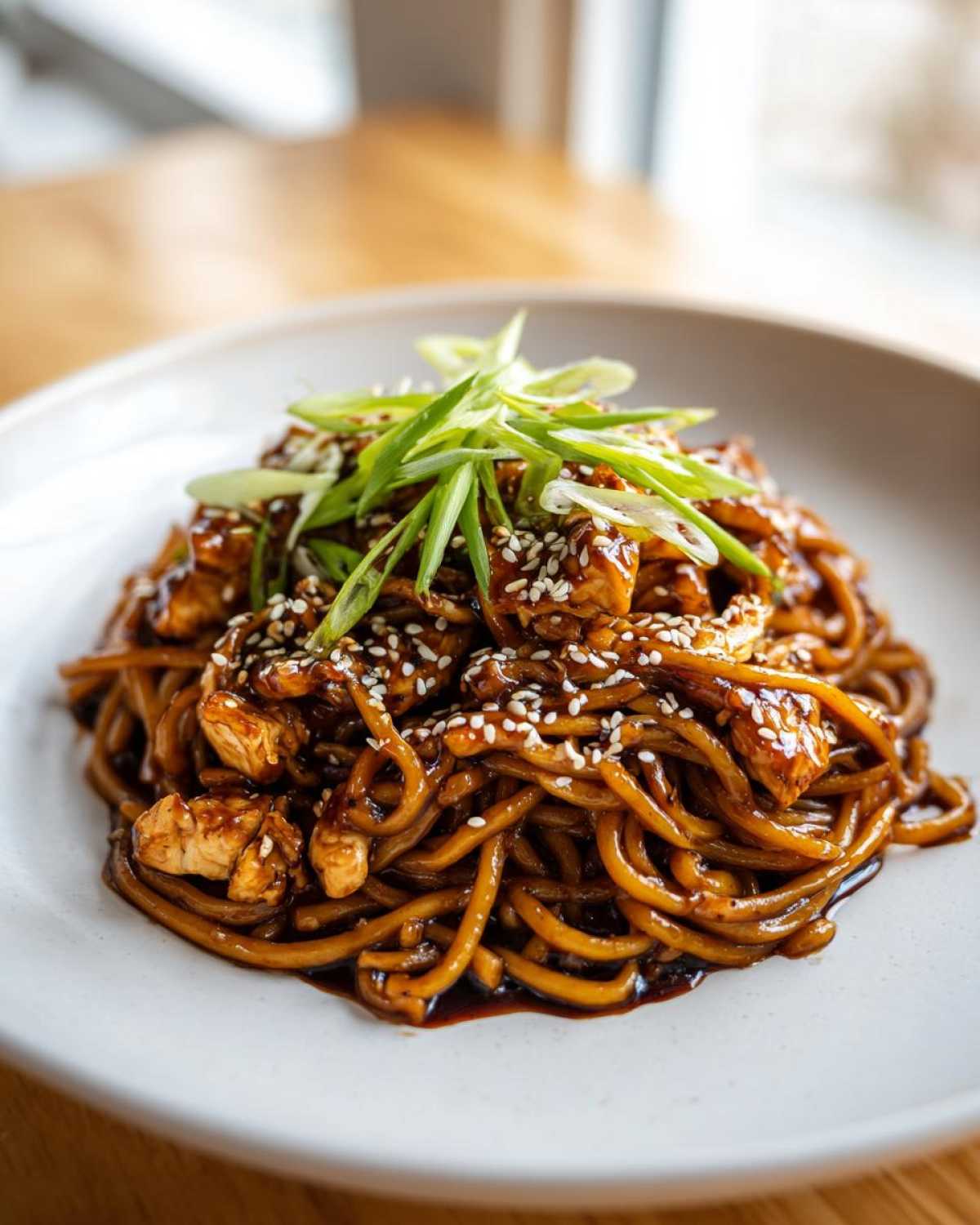 A close-up of Sticky Garlic Chicken Noodles coated in dark sauce, topped with sesame seeds and green onions.