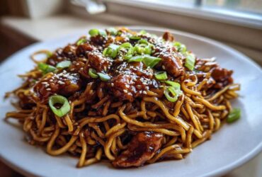 A close-up of Sticky Garlic Chicken Noodles coated in dark sauce, topped with sesame seeds and green onions.