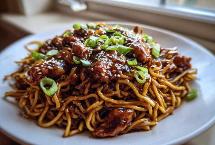 A close-up of Sticky Garlic Chicken Noodles coated in dark sauce, topped with sesame seeds and green onions.
