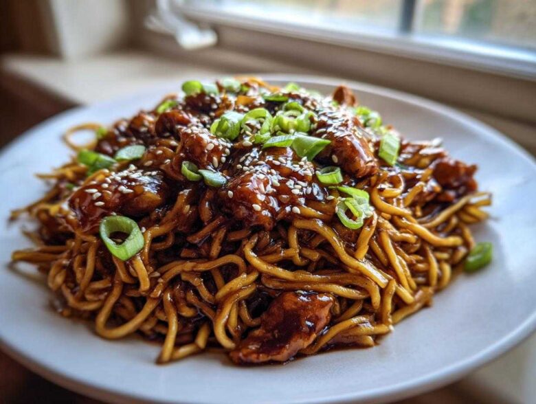A close-up of Sticky Garlic Chicken Noodles coated in dark sauce, topped with sesame seeds and green onions.