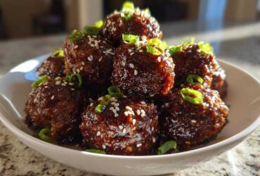 A close-up of glistening Sticky Hoisin Meatballs Appetizer piled in a white bowl, topped with sesame seeds and green onions.