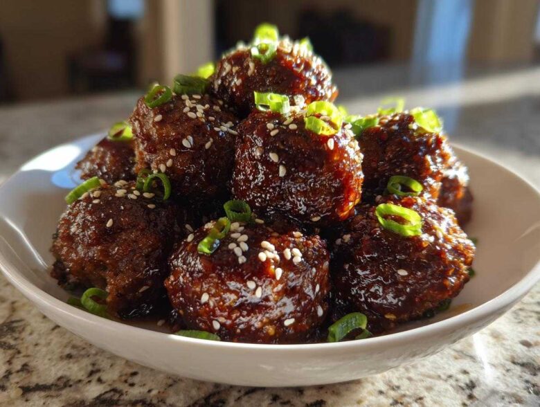 A close-up of glistening Sticky Hoisin Meatballs Appetizer piled in a white bowl, topped with sesame seeds and green onions.