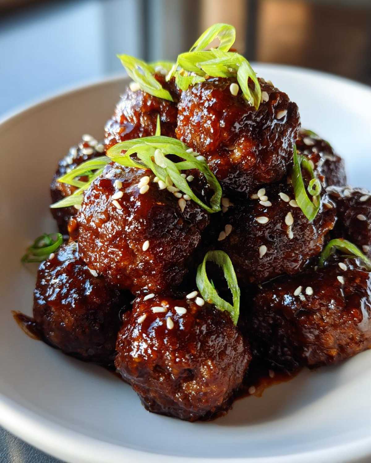 A close-up of glossy Sticky Hoisin Meatballs Asian Cuisine Appetizer, garnished with sesame seeds and sliced green onions.