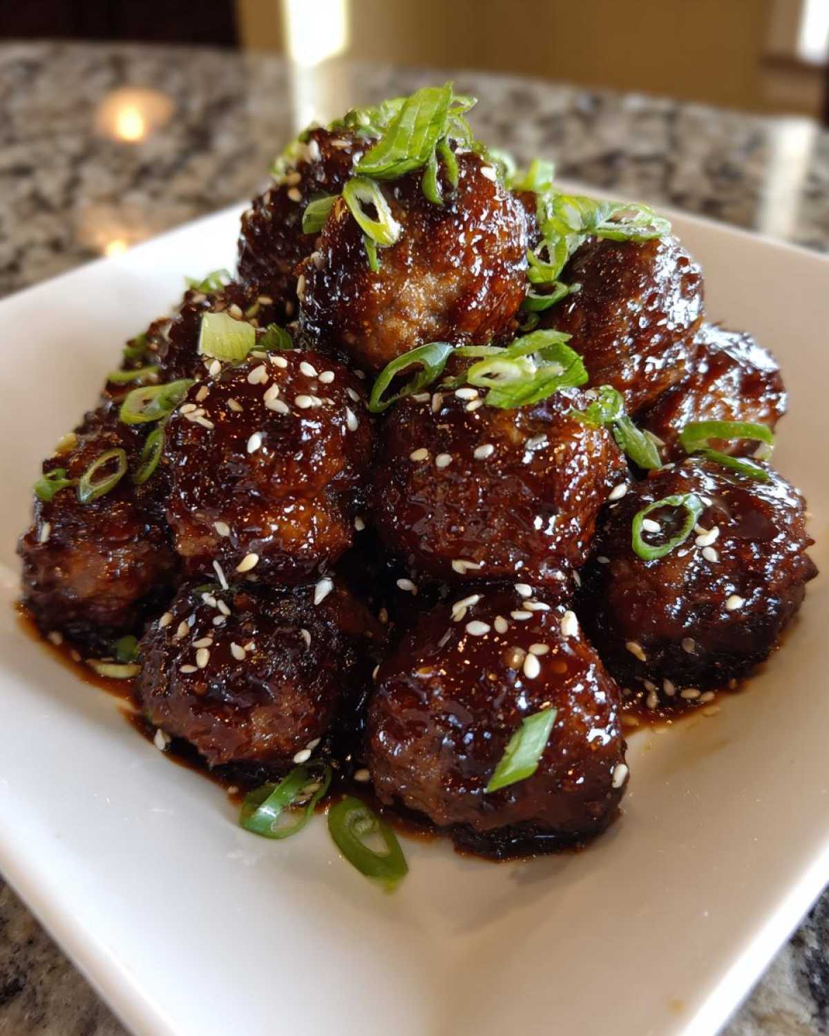 A mound of glistening Sticky Hoisin Meatballs Asian Appetizer covered in sauce, garnished with sesame seeds and green onions.