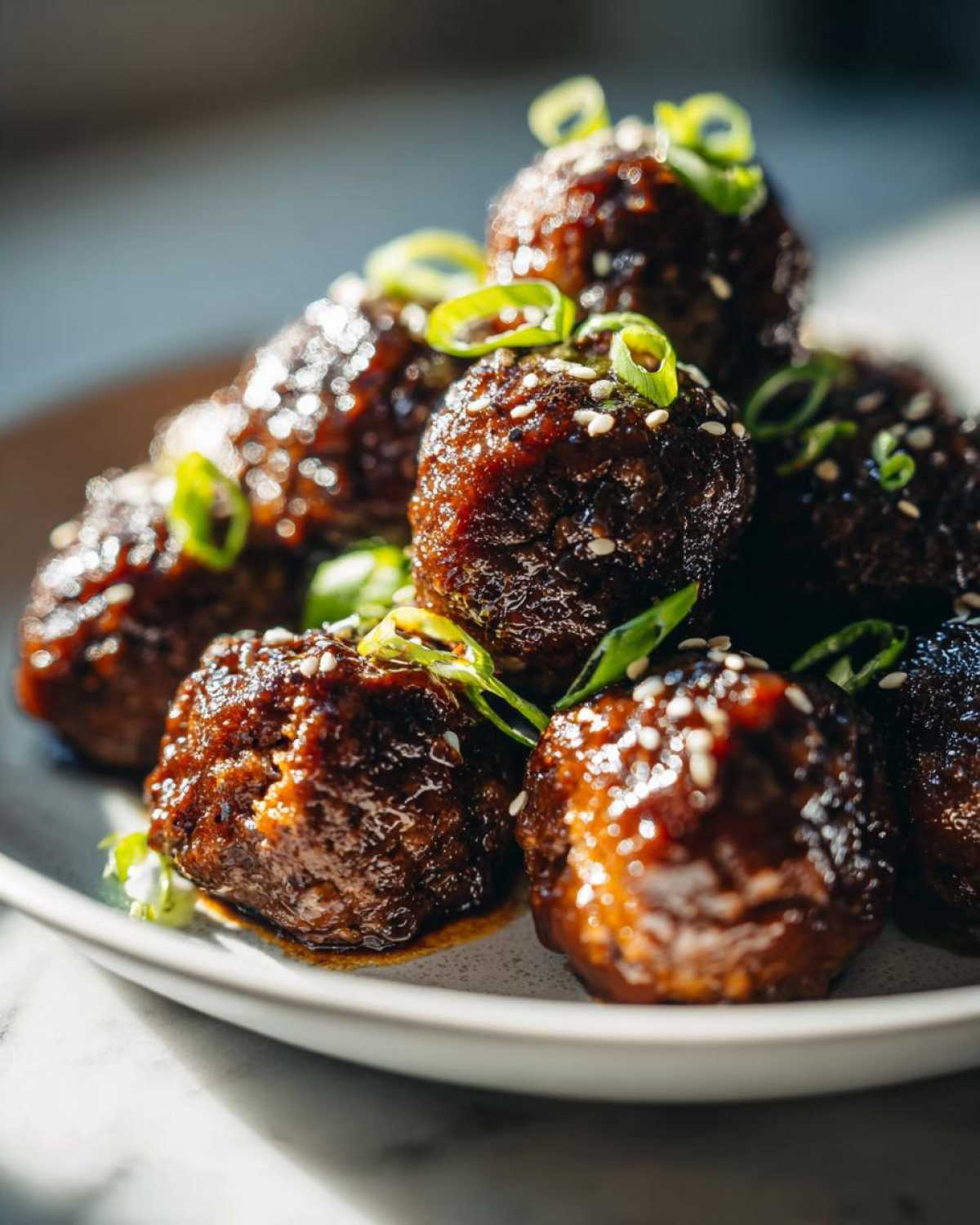 Close-up of glossy Sticky Hoisin Meatballs Appetizer garnished with sesame seeds and sliced green onions.