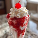 Close-up of a perfect Strawberry Sundae in a glass, layered with vanilla ice cream, strawberry topping, whipped cream, and a maraschino cherry.