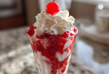 Close-up of a perfect Strawberry Sundae in a glass, layered with vanilla ice cream, strawberry topping, whipped cream, and a maraschino cherry.