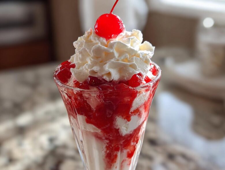 Close-up of a perfect Strawberry Sundae in a glass, layered with vanilla ice cream, strawberry topping, whipped cream, and a maraschino cherry.