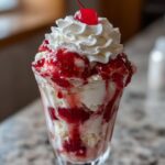 Close-up of a classic Strawberry Sundae layered with vanilla ice cream, strawberry sauce, whipped cream, and topped with a maraschino cherry.