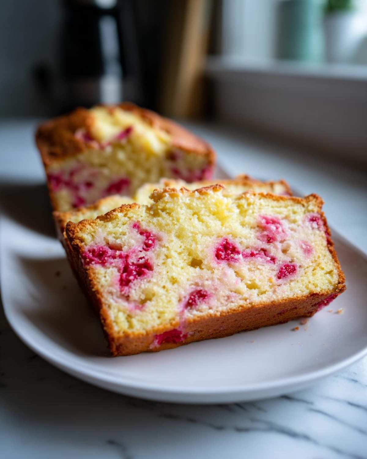 Close-up of a slice of moist Strawberry Yogurt Cake showing bright pink fruit baked into the yellow crumb.