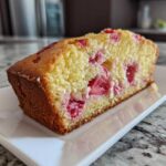 A close-up view of a moist slice of Strawberry Yogurt Cake showing bright pink strawberries baked into the yellow crumb.