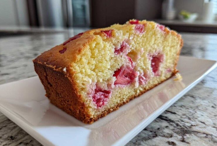 A close-up view of a moist slice of Strawberry Yogurt Cake showing bright pink strawberries baked into the yellow crumb.