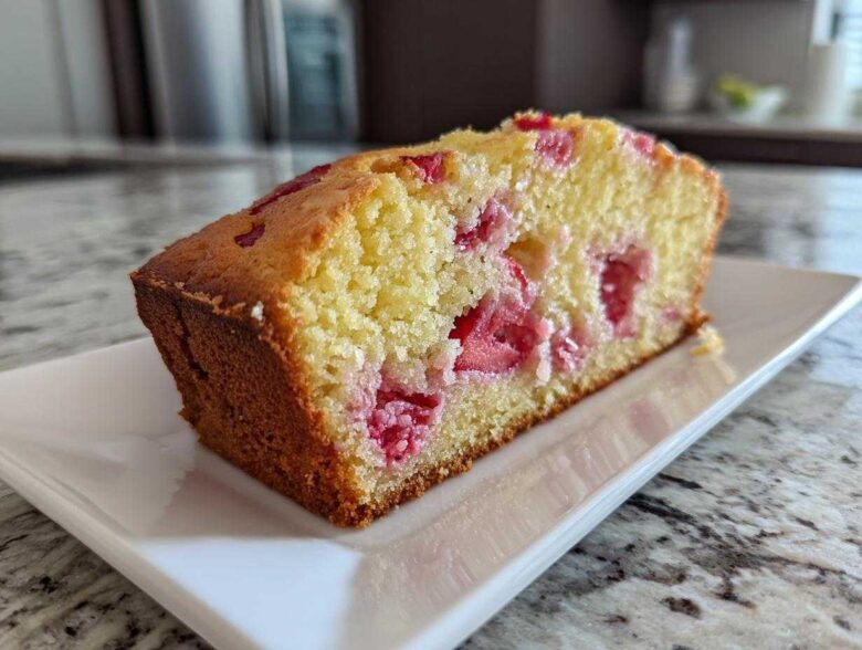 A close-up view of a moist slice of Strawberry Yogurt Cake showing bright pink strawberries baked into the yellow crumb.