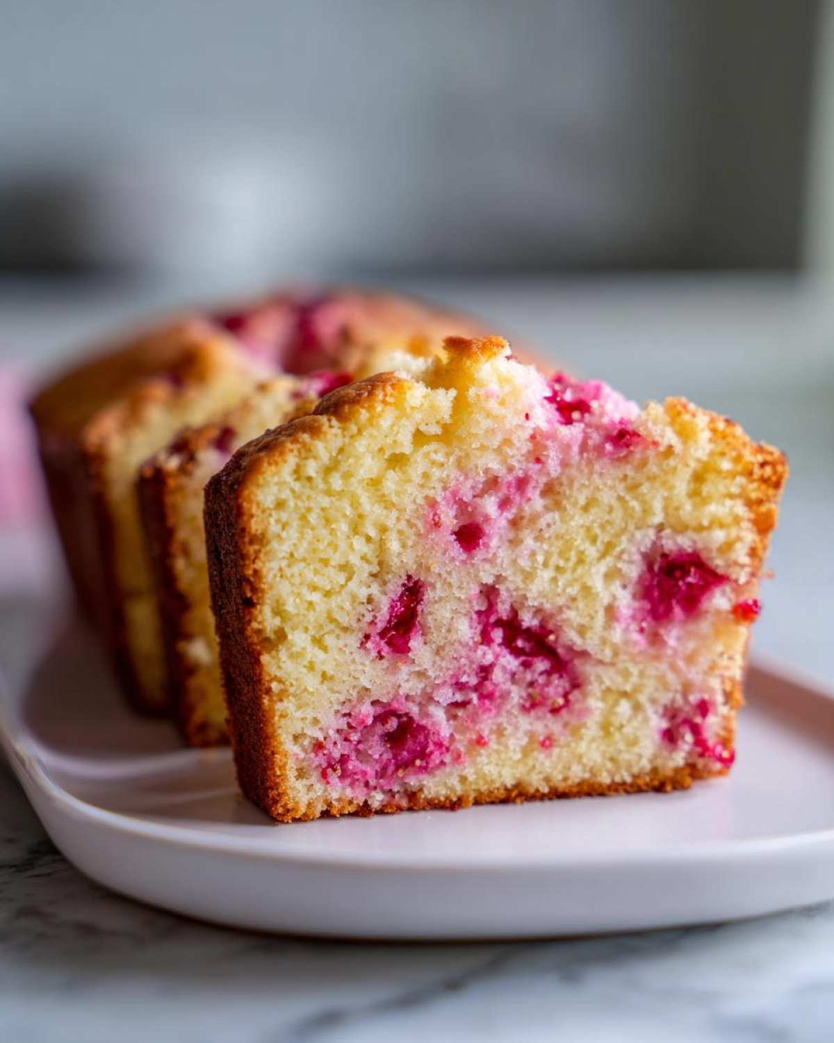 Close-up of thick slices of moist Strawberry Yogurt Cake with visible pink fruit pieces throughout the crumb.