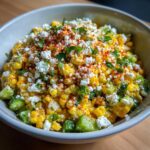 A close-up of Street Corn Cucumber Salad Mexican Inspired Elote Salad topped with cotija cheese, chili powder, and cilantro.