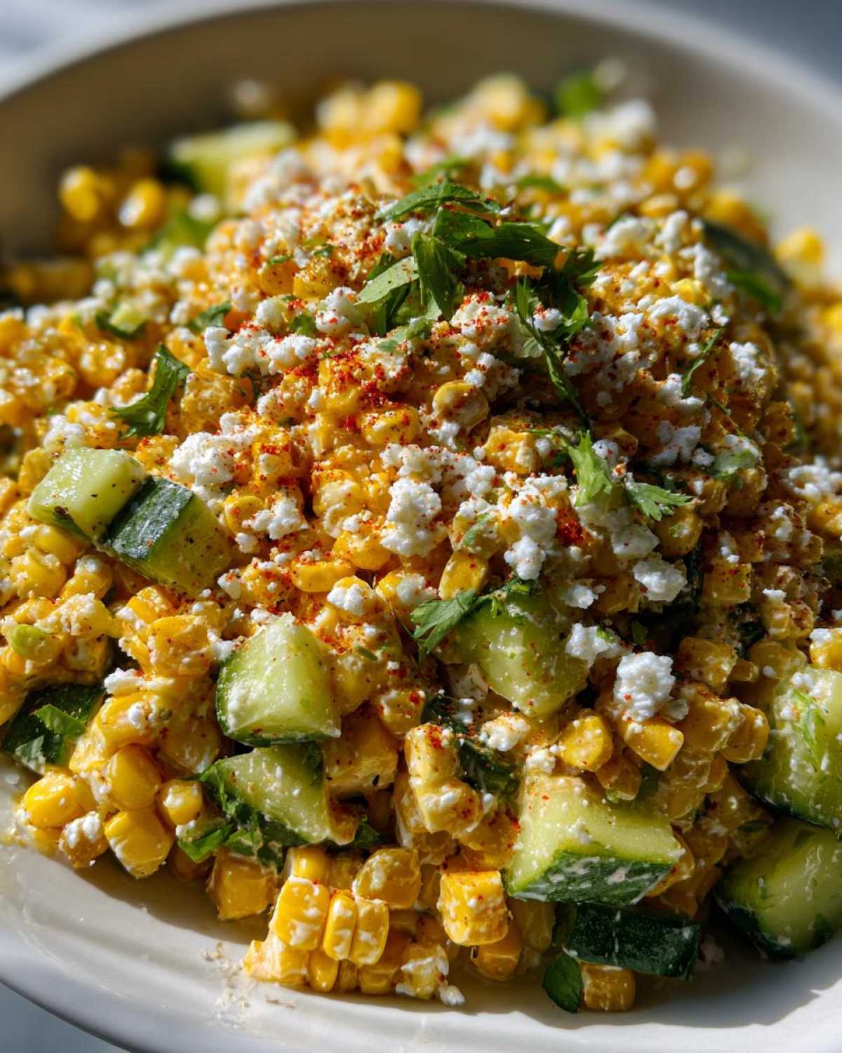 Close-up of vibrant Street Corn Cucumber Salad Mexican Inspired Elote Salad topped with cotija cheese and chili powder.