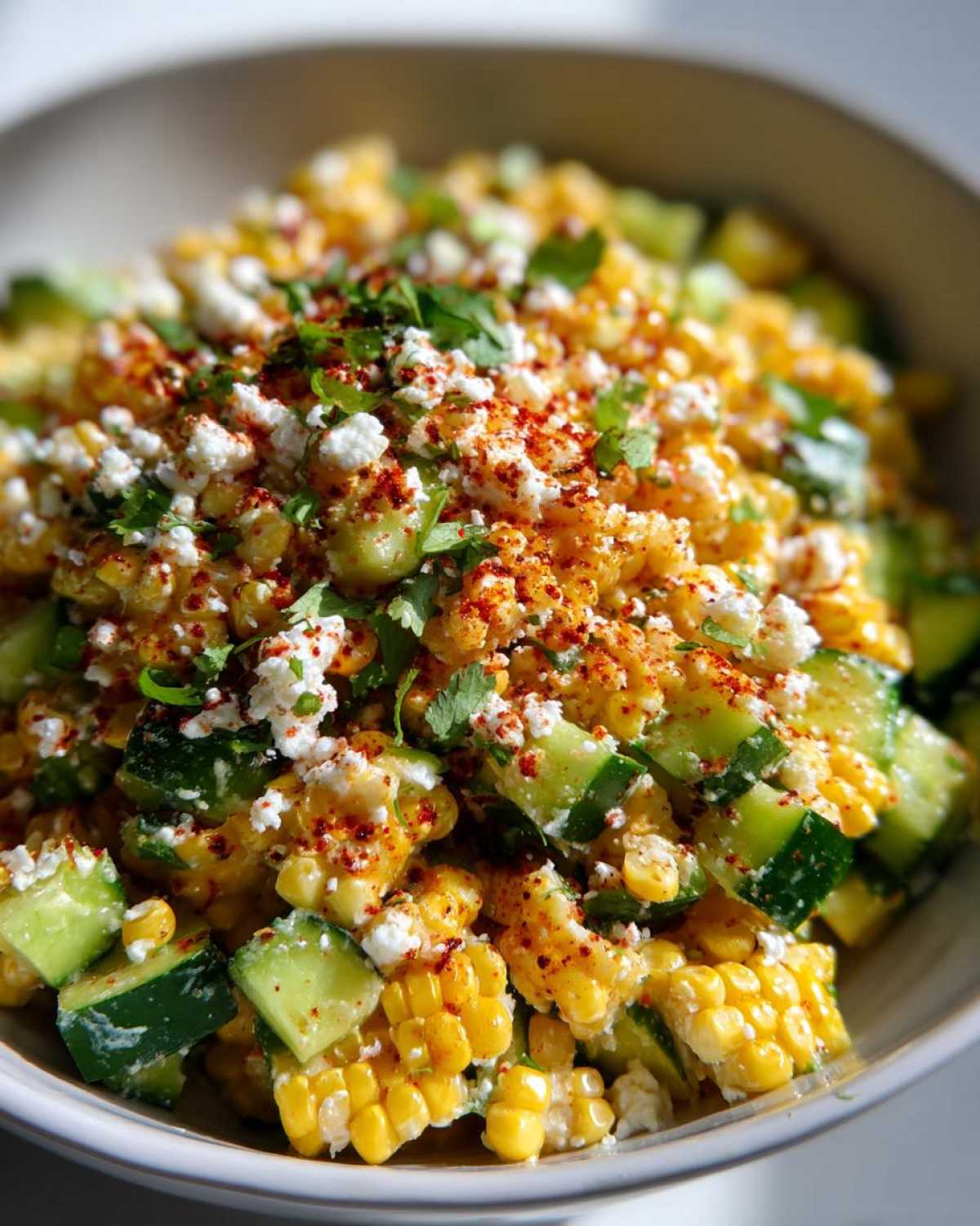 Close-up of Street Corn Cucumber Salad Mexican Inspired Elote Salad with crumbled cheese and red chili powder.