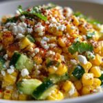 Close-up of vibrant Street Corn Cucumber Salad Mexican Inspired Elote Salad topped with crumbled white cheese and chili powder.