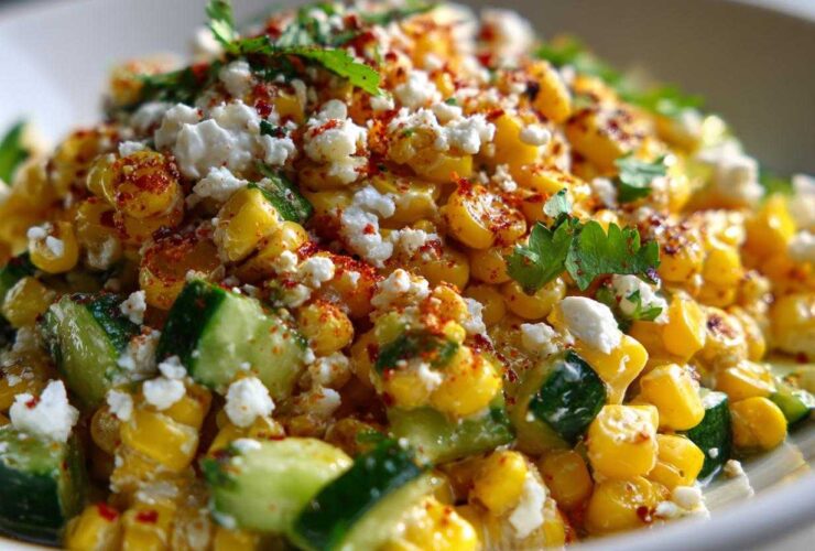 Close-up of vibrant Street Corn Cucumber Salad Mexican Inspired Elote Salad topped with crumbled white cheese and chili powder.
