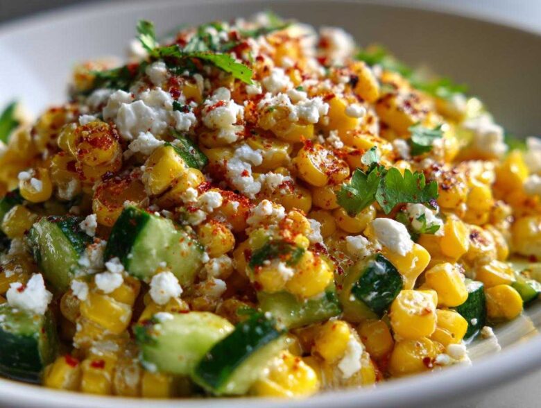 Close-up of vibrant Street Corn Cucumber Salad Mexican Inspired Elote Salad topped with crumbled white cheese and chili powder.