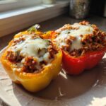 Two colorful Stuffed Bell Peppers, one red and one yellow, topped with melted mozzarella cheese, served on a plate.