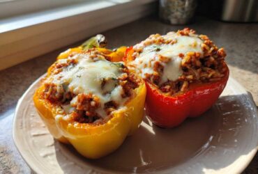 Two colorful Stuffed Bell Peppers, one red and one yellow, topped with melted mozzarella cheese, served on a plate.