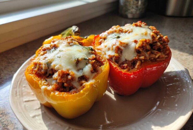 Two colorful Stuffed Bell Peppers, one red and one yellow, topped with melted mozzarella cheese, served on a plate.