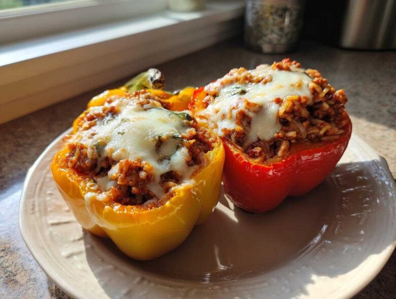 Two colorful Stuffed Bell Peppers, one red and one yellow, topped with melted mozzarella cheese, served on a plate.