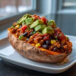 A baked sweet potato loaded with taco meat, black beans, corn, salsa, and topped with diced avocado, ready to eat as Taco Stuffed Sweet Potatoes.