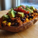 A close-up of a baked sweet potato split open and filled with taco meat, black beans, corn, topped with avocado, salsa, and cilantro for Taco Stuffed Sweet Potatoes.
