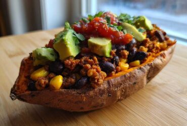 A close-up of a baked sweet potato split open and filled with taco meat, black beans, corn, topped with avocado, salsa, and cilantro for Taco Stuffed Sweet Potatoes.