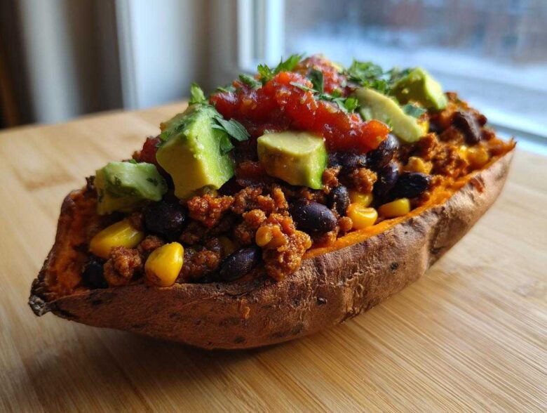 A close-up of a baked sweet potato split open and filled with taco meat, black beans, corn, topped with avocado, salsa, and cilantro for Taco Stuffed Sweet Potatoes.